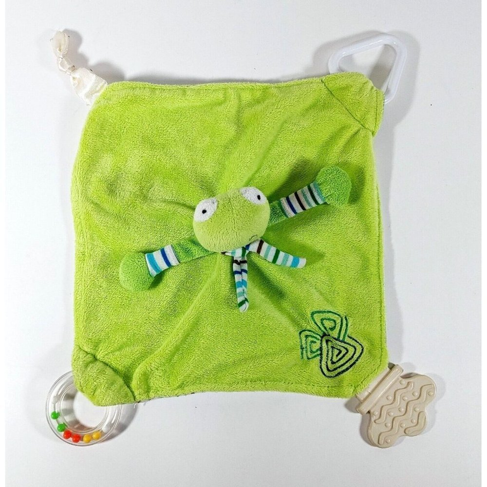 Stephan Baby Frog Security Blanket Lovey Toy Rattle Teether Green Blue Stripes